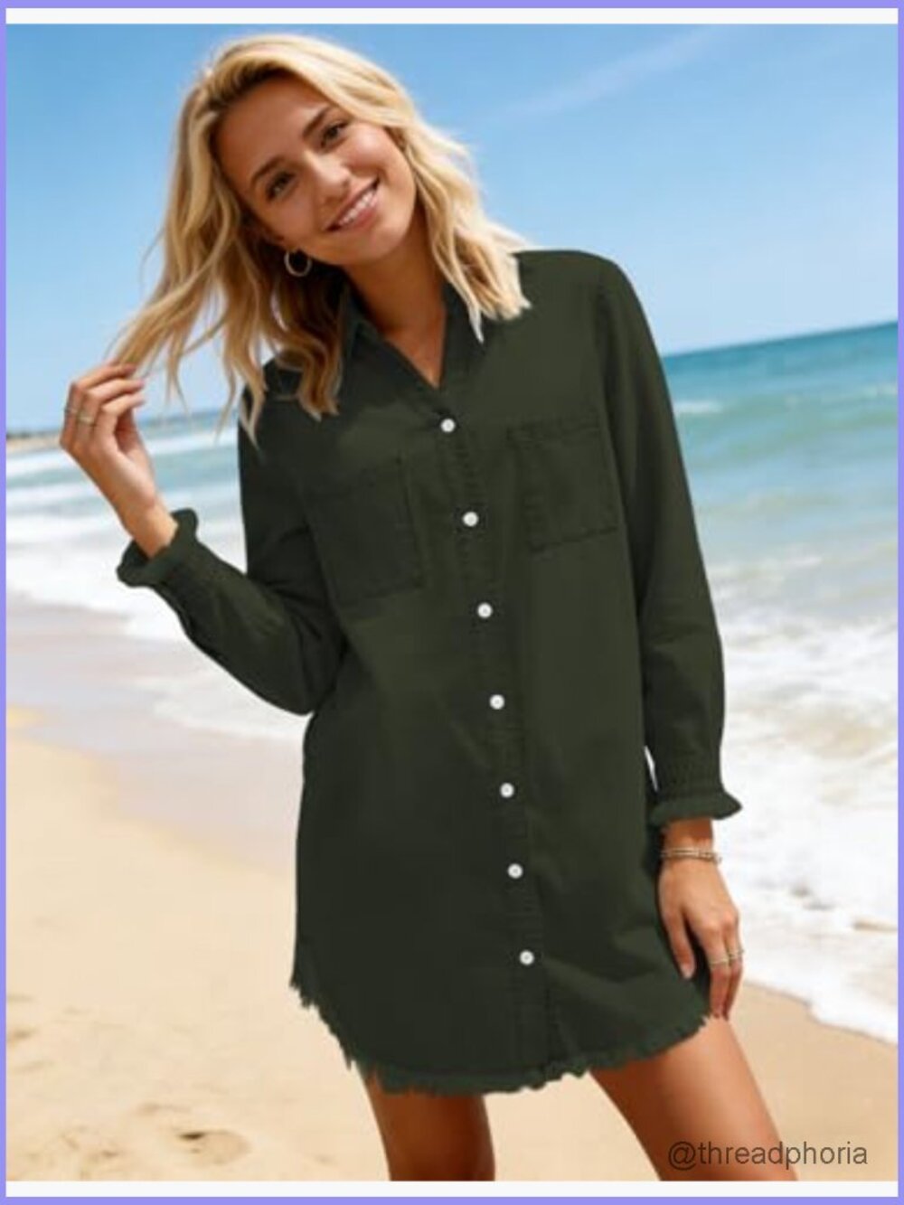 Denim Shirt Dress Long Sleeve Button Down Casual Tunic Top - Picture 6 of 7
